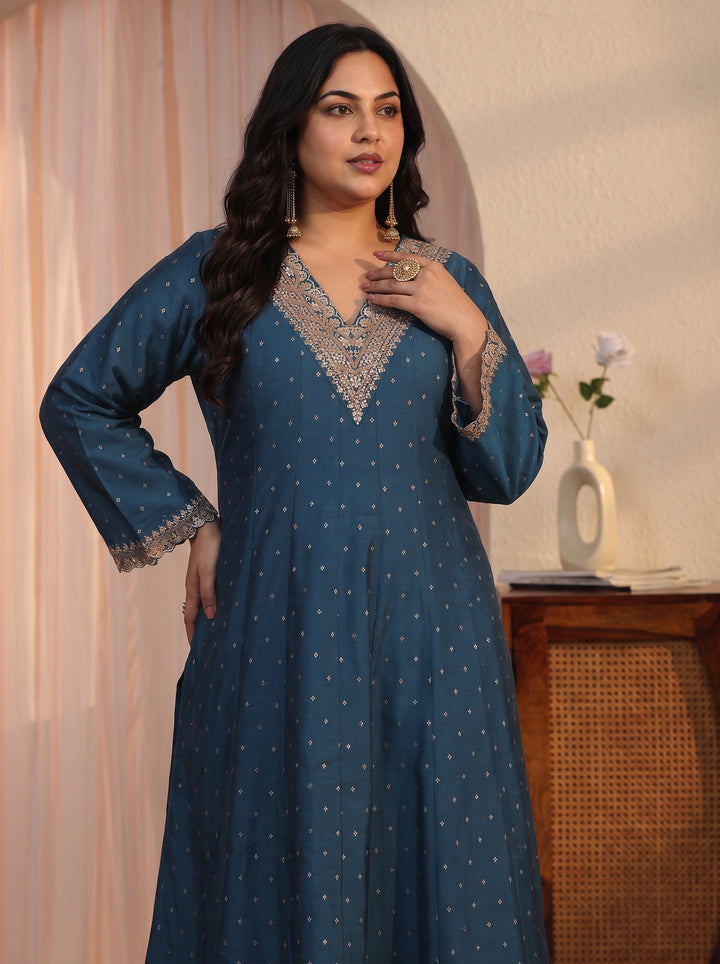 Plus Size Teal Blue Ethnic Embroidered Silk Blend A-Line Suit Set