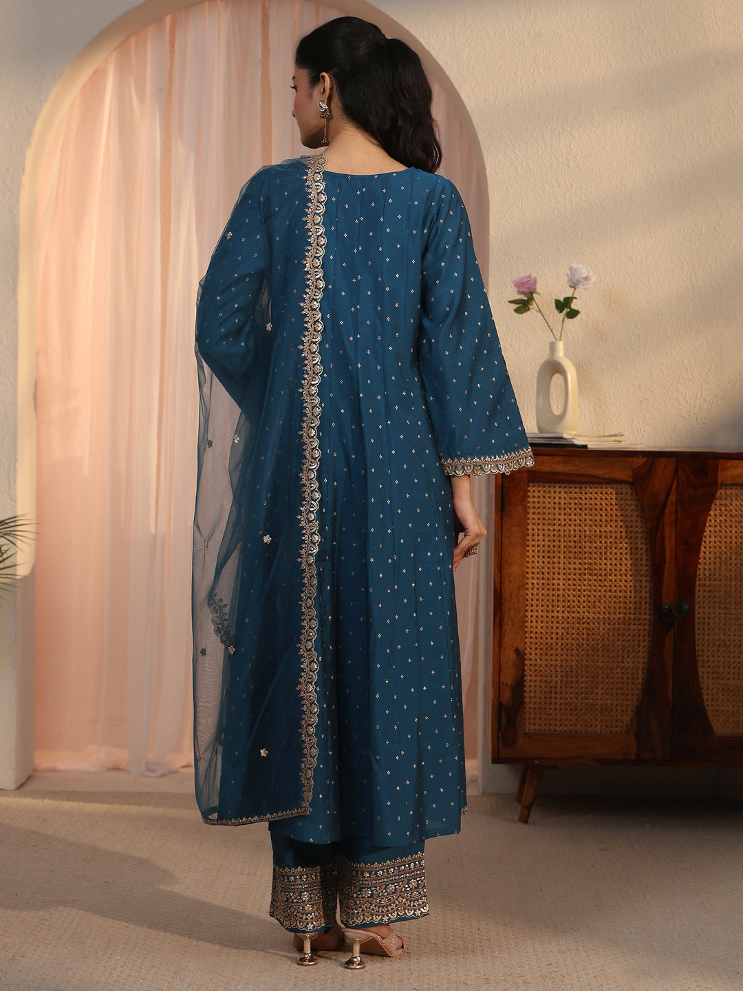 Libas Teal Blue Floral Woven Design Silk Blend Anarkali Suit Set