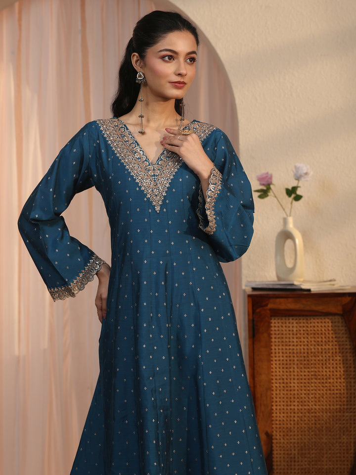 Libas Teal Blue Floral Woven Design Silk Blend Anarkali Suit Set