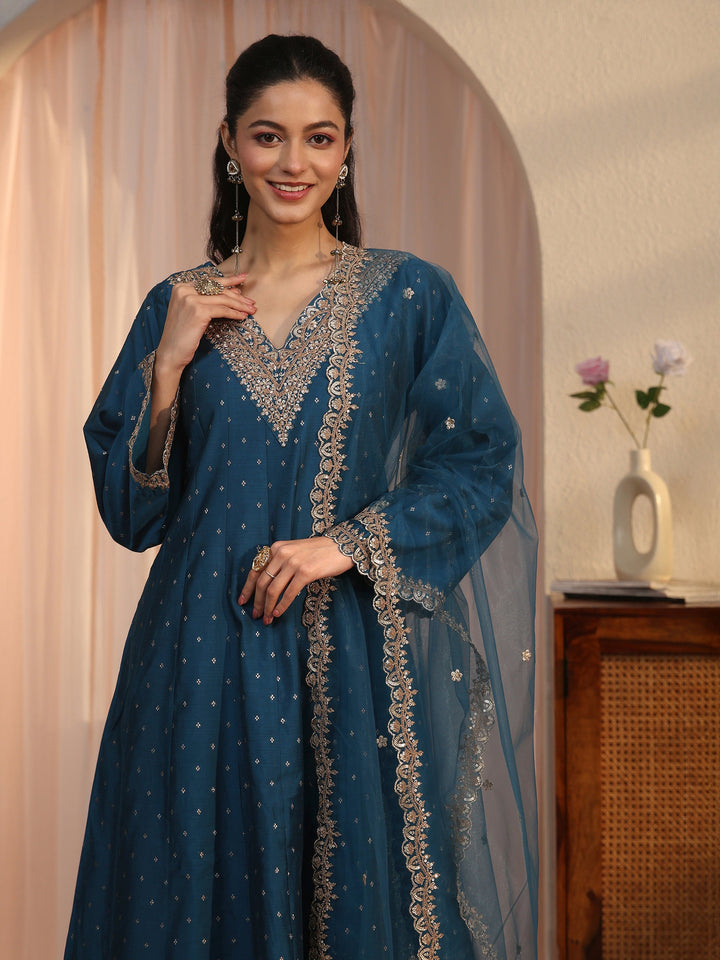 Libas Teal Blue Floral Woven Design Silk Blend Anarkali Suit Set