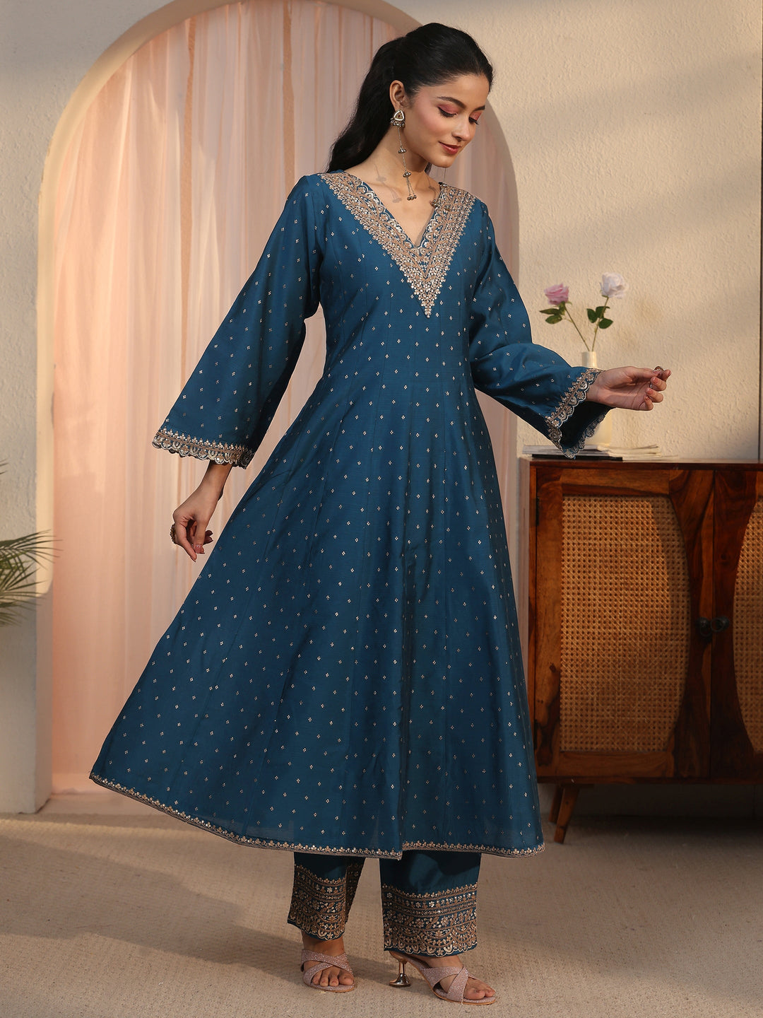 Libas Teal Blue Floral Woven Design Silk Blend Anarkali Suit Set