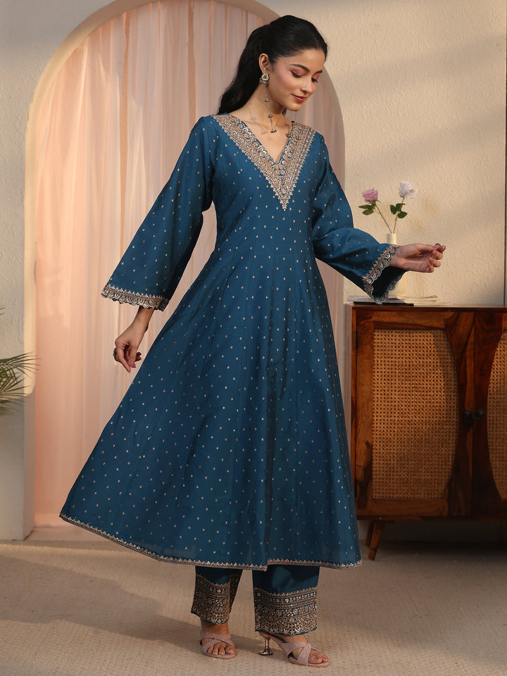 Libas Teal Blue Floral Woven Design Silk Blend Anarkali Suit Set