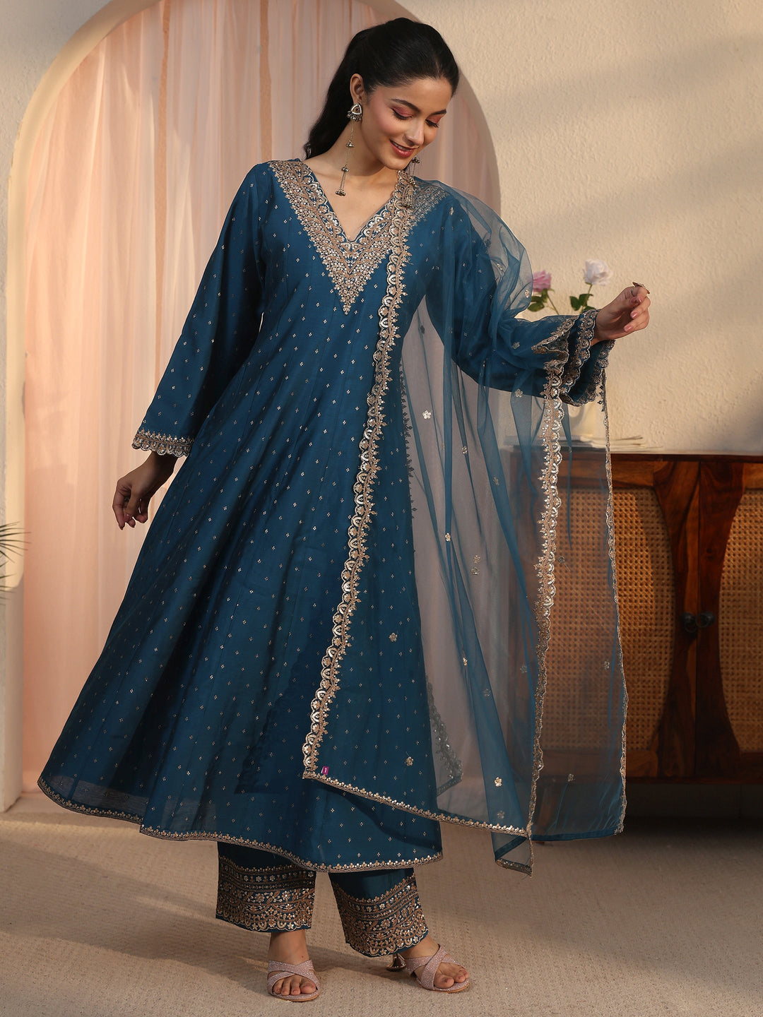 Libas Teal Blue Floral Woven Design Silk Blend Anarkali Suit Set