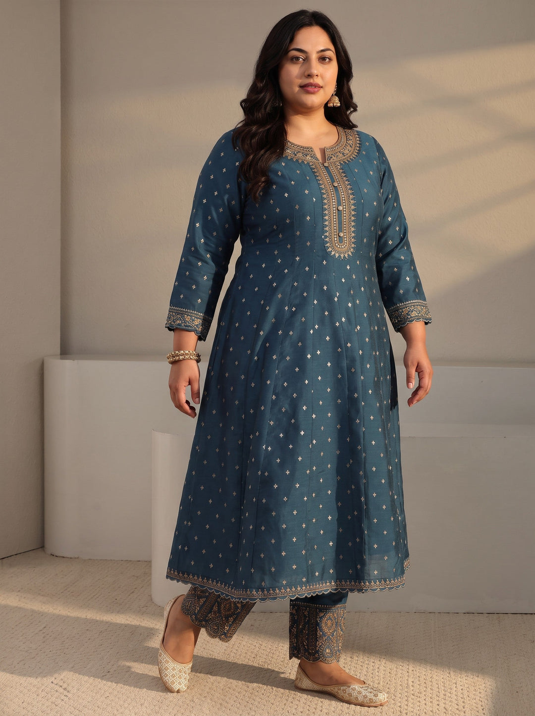 Plus Size Teal Woven Design Silk Blend A-Line Suit Set With Dupatta