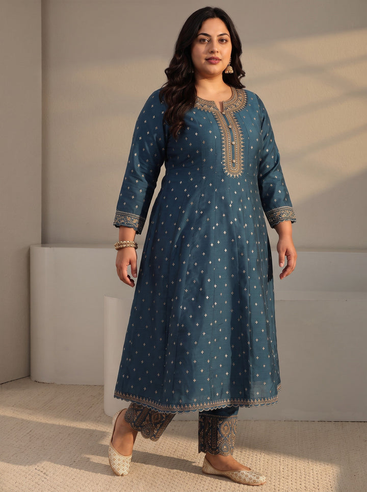 Plus Size Teal Woven Design Silk Blend A-Line Suit Set With Dupatta