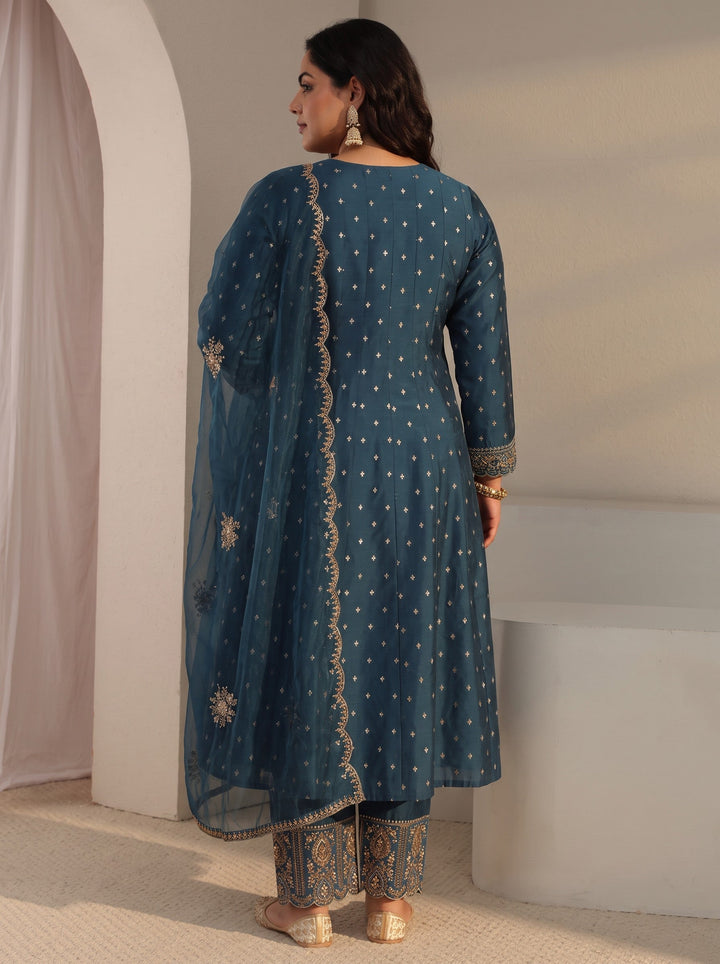 Plus Size Teal Woven Design Silk Blend A-Line Suit Set With Dupatta