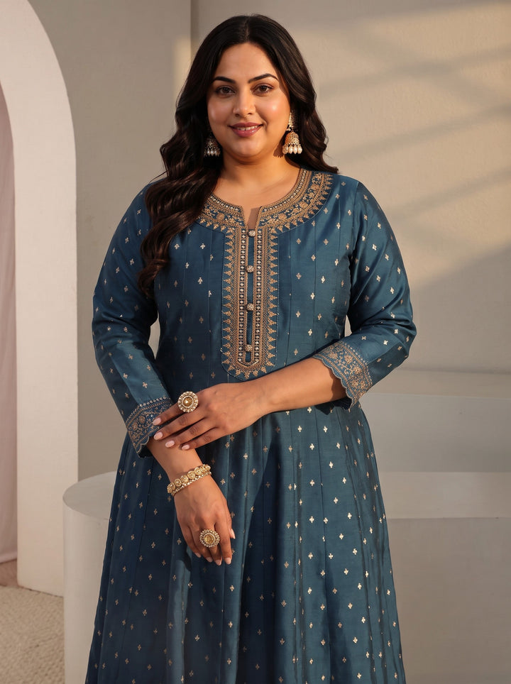 Plus Size Teal Woven Design Silk Blend A-Line Suit Set With Dupatta