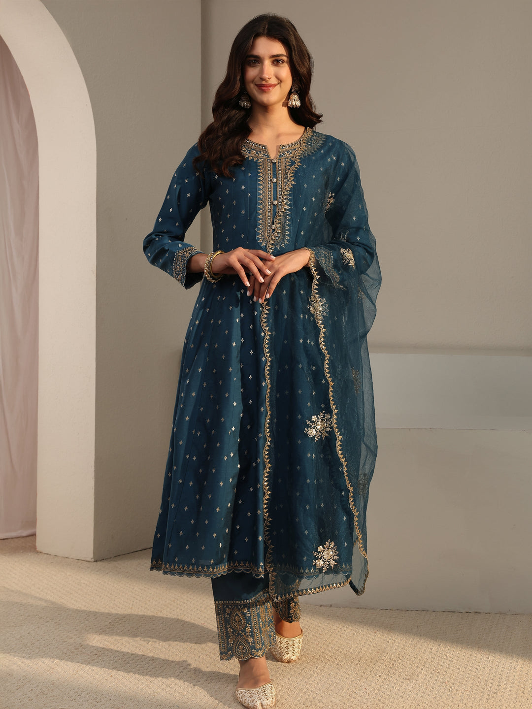 Teal Woven Design Silk Blend A-Line Suit Set With Dupatta