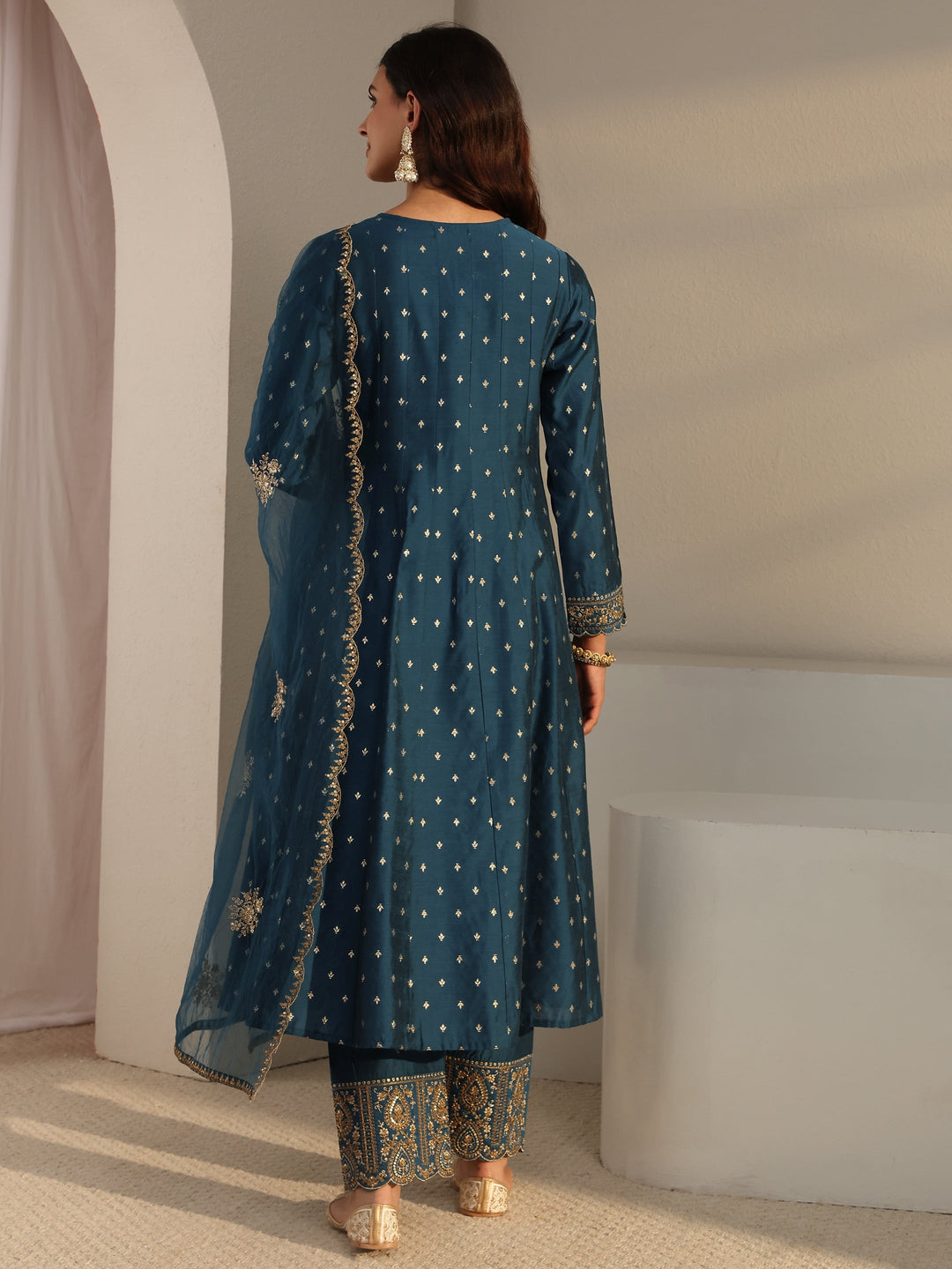 Teal Woven Design Silk Blend A-Line Suit Set With Dupatta