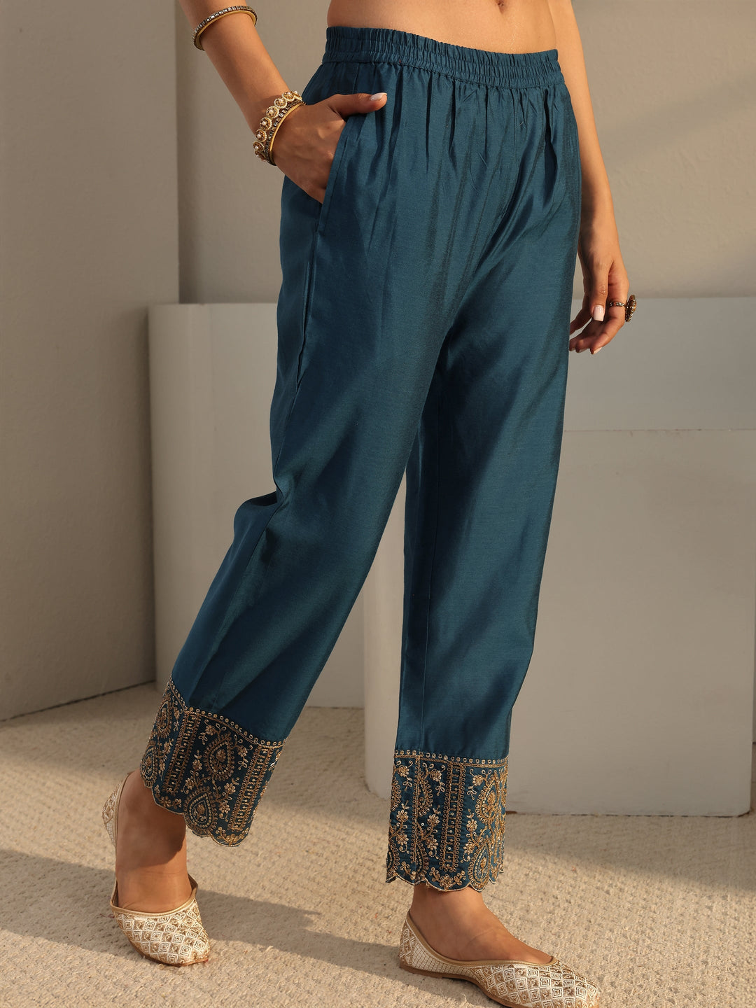Teal Woven Design Silk Blend A-Line Suit Set With Dupatta