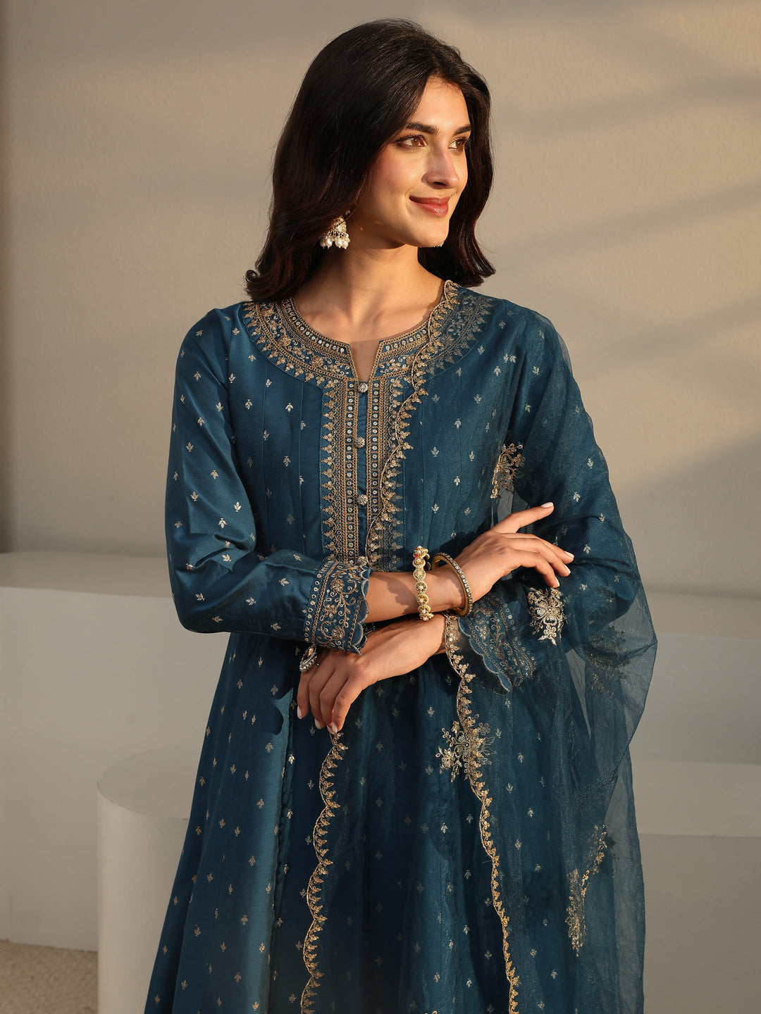 Teal Woven Design Silk Blend A-Line Suit Set With Dupatta