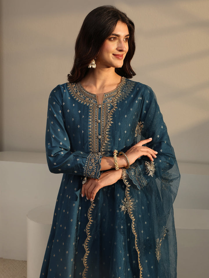 Teal Woven Design Silk Blend A-Line Suit Set With Dupatta