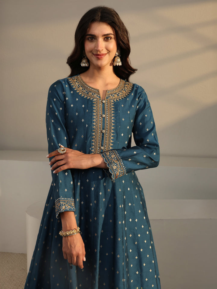Teal Woven Design Silk Blend A-Line Suit Set With Dupatta