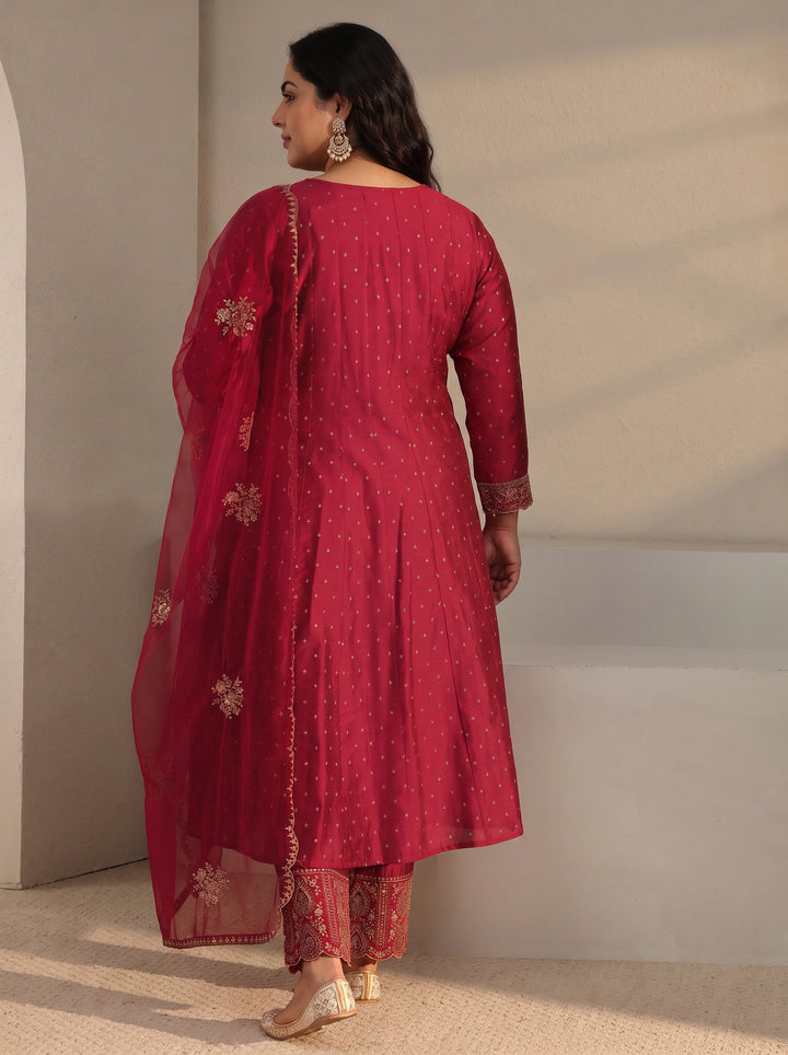 Plus Size Red Woven Design Silk Blend A-Line Suit Set With Dupatta
