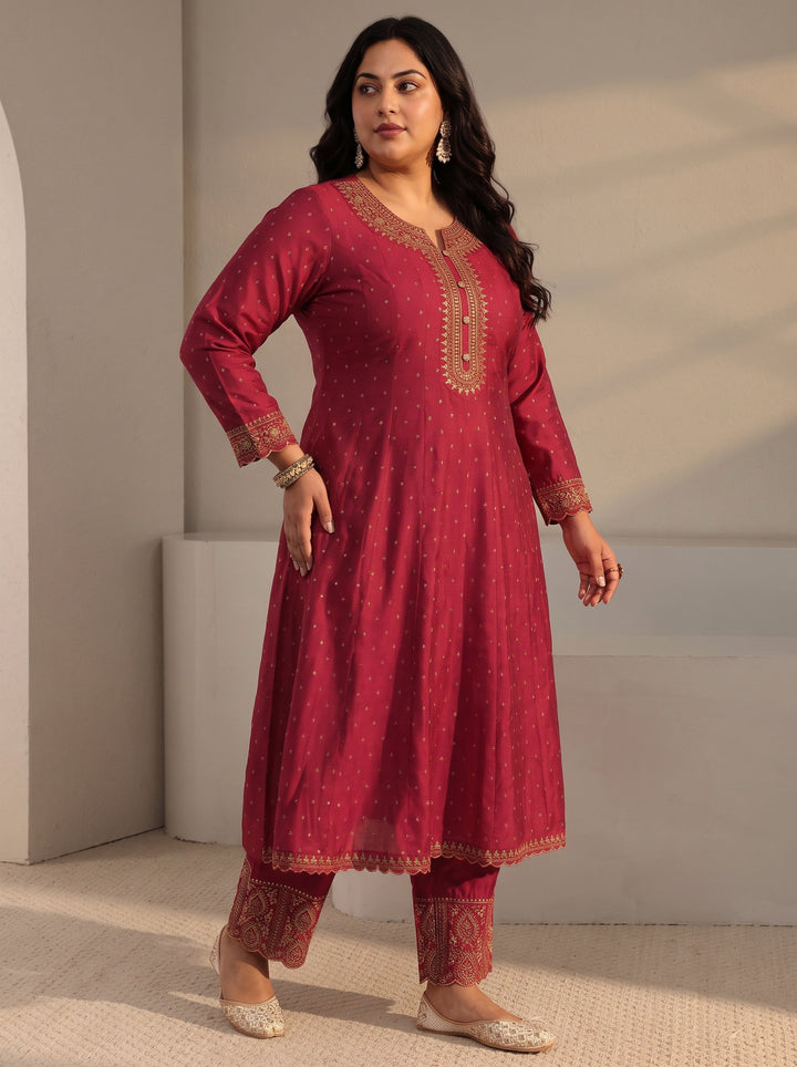 Plus Size Red Woven Design Silk Blend A-Line Suit Set With Dupatta