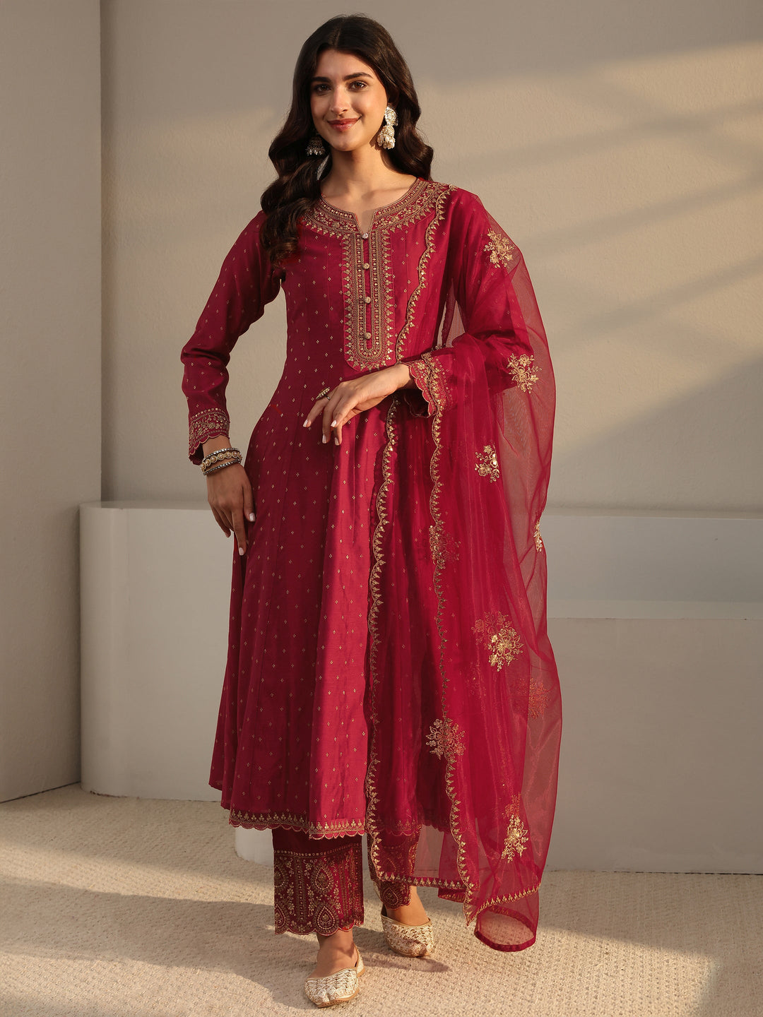 Red Woven Design Silk Blend A-Line Suit Set With Dupatta