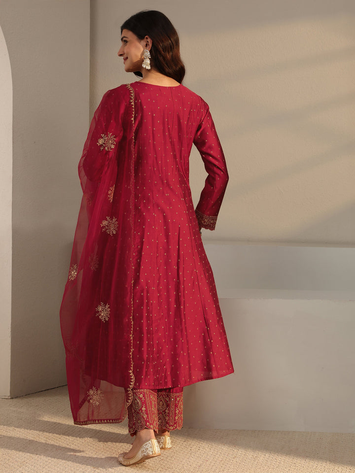 Red Woven Design Silk Blend A-Line Suit Set With Dupatta
