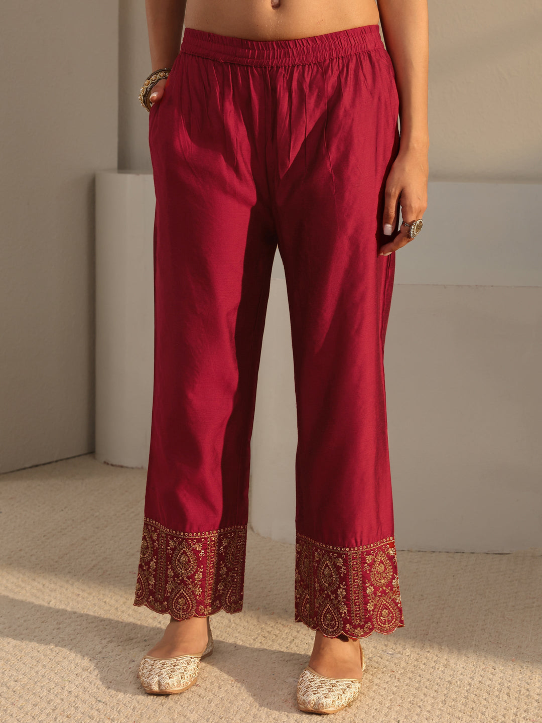 Red Woven Design Silk Blend A-Line Suit Set With Dupatta