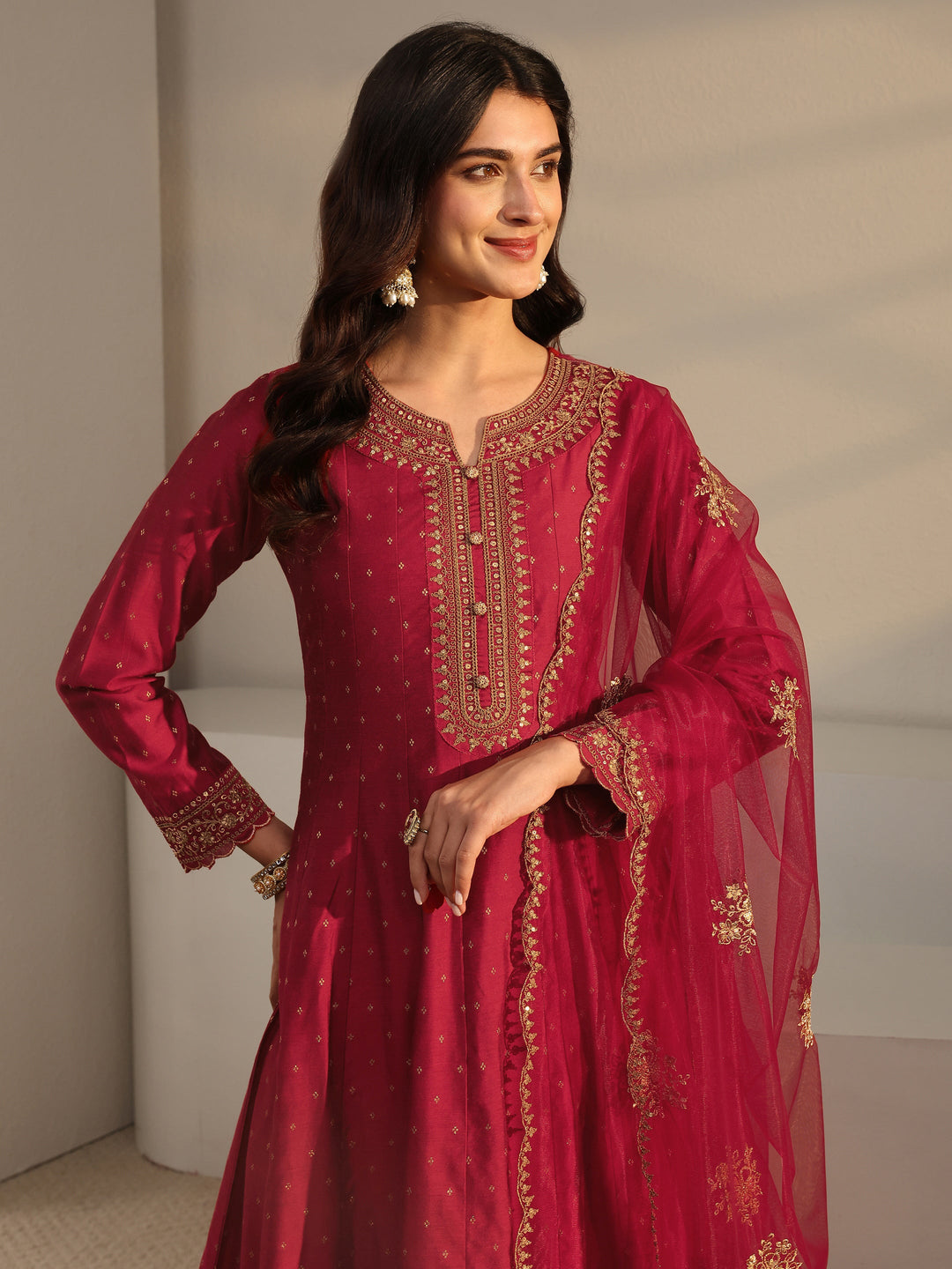 Red Woven Design Silk Blend A-Line Suit Set With Dupatta