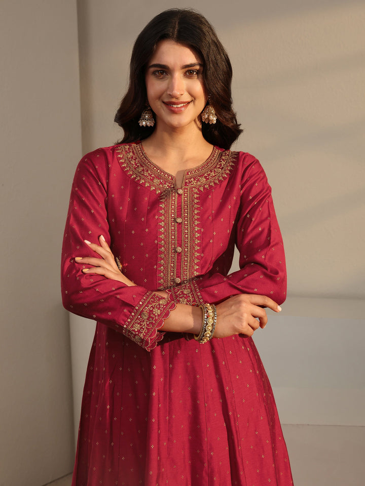 Red Woven Design Silk Blend A-Line Suit Set With Dupatta