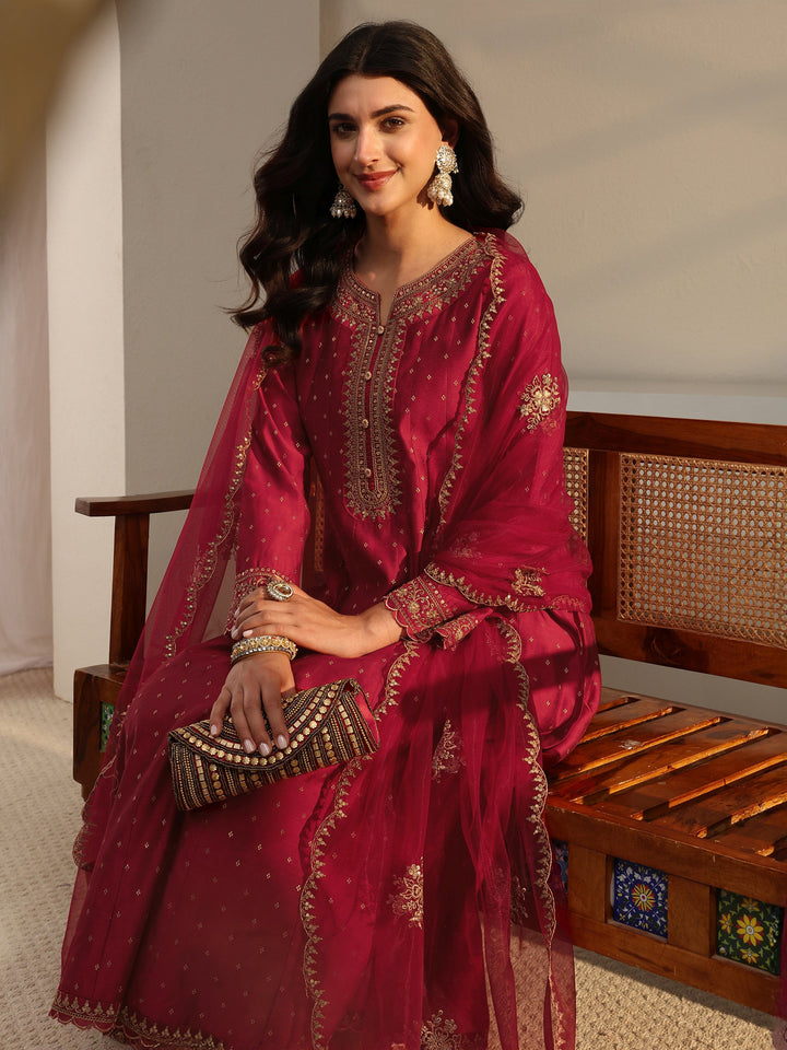 Red Woven Design Silk Blend A-Line Suit Set With Dupatta