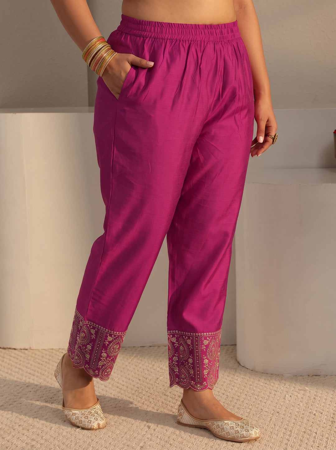 Plus Size Pink Woven Design Silk Blend A-Line Suit Set With Dupatta