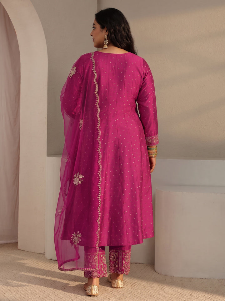 Plus Size Pink Woven Design Silk Blend A-Line Suit Set With Dupatta