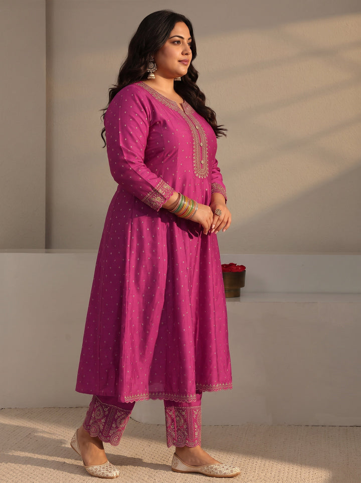 Plus Size Pink Woven Design Silk Blend A-Line Suit Set With Dupatta