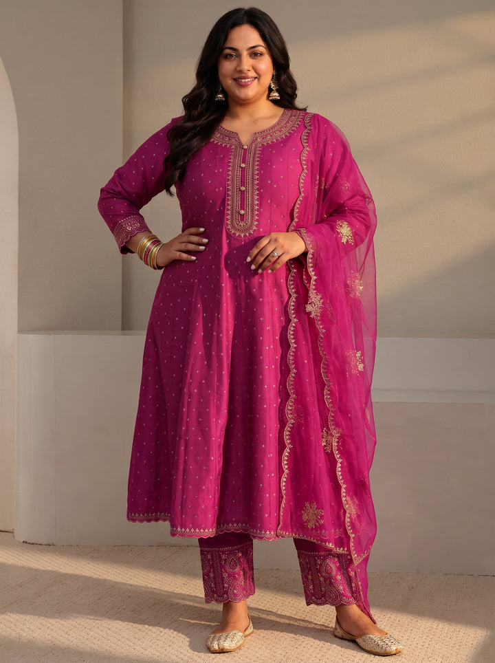 Plus Size Pink Woven Design Silk Blend A-Line Suit Set With Dupatta