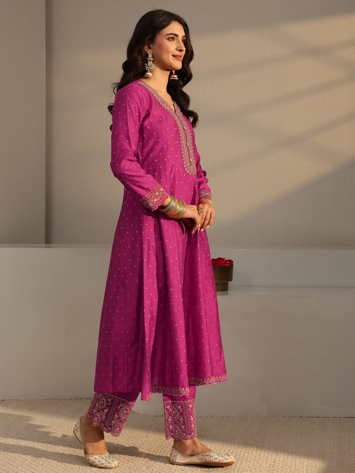 Pink Woven Design Silk Blend A-Line Suit Set With Dupatta