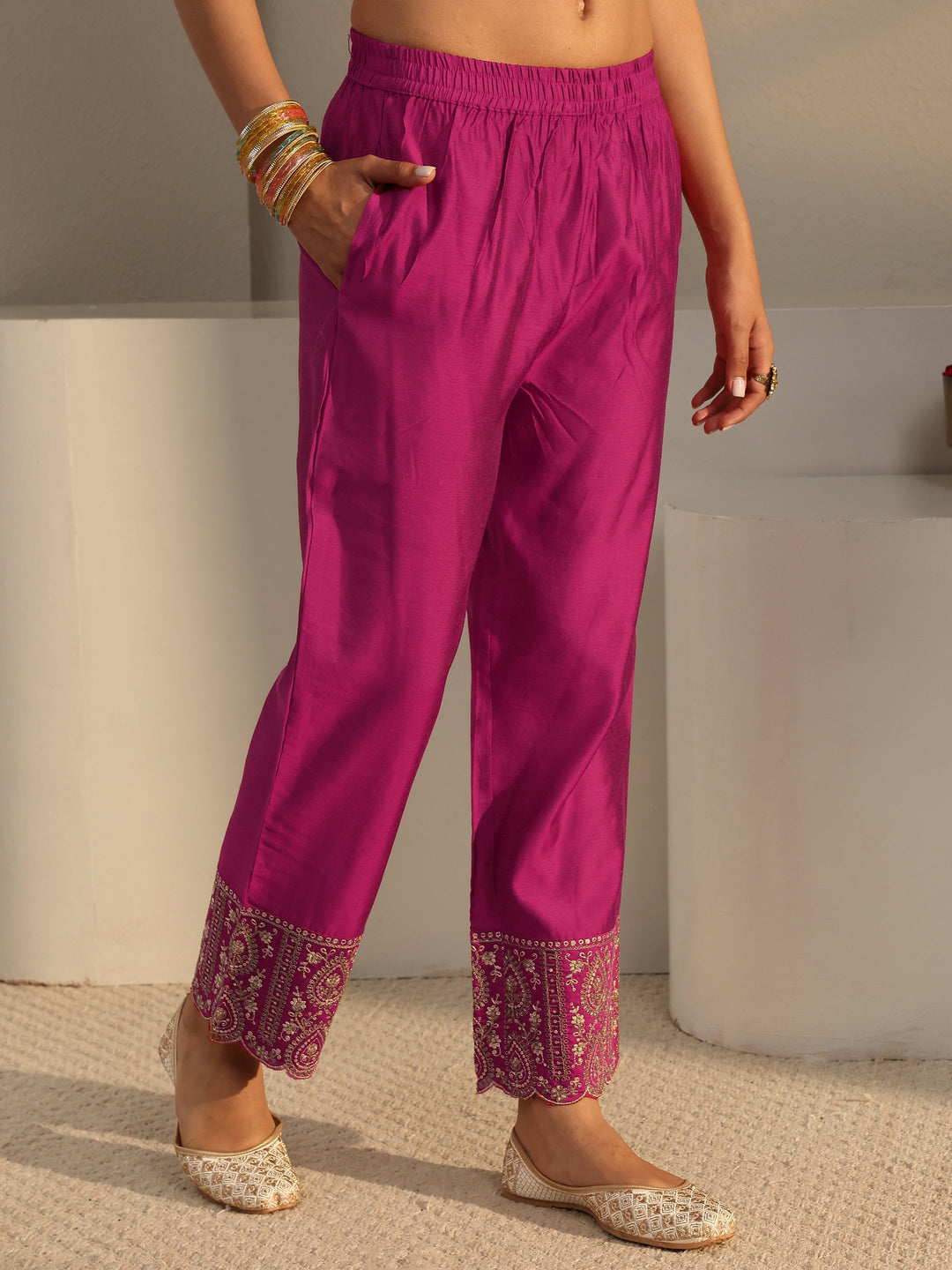 Pink Woven Design Silk Blend A-Line Suit Set With Dupatta