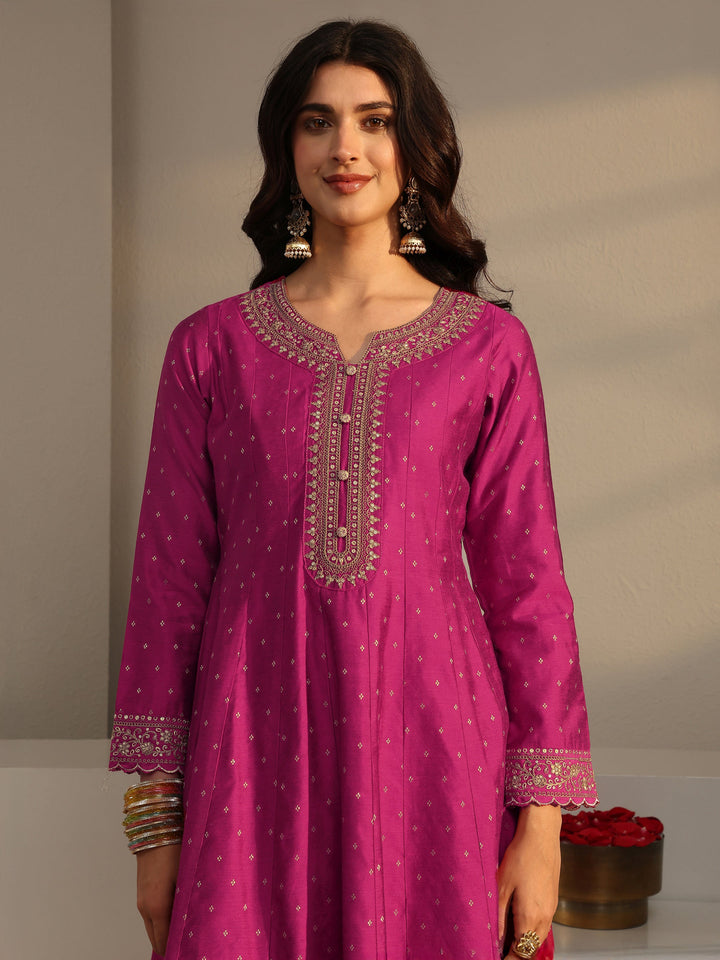 Pink Woven Design Silk Blend A-Line Suit Set With Dupatta