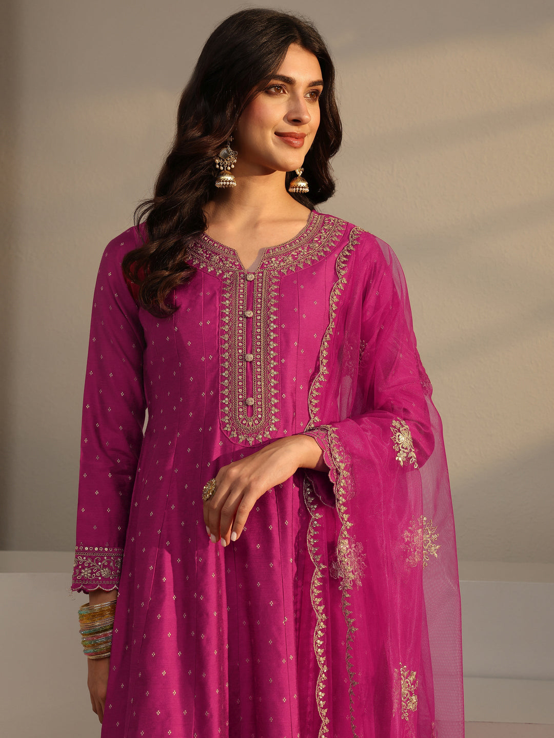 Pink Woven Design Silk Blend A-Line Suit Set With Dupatta