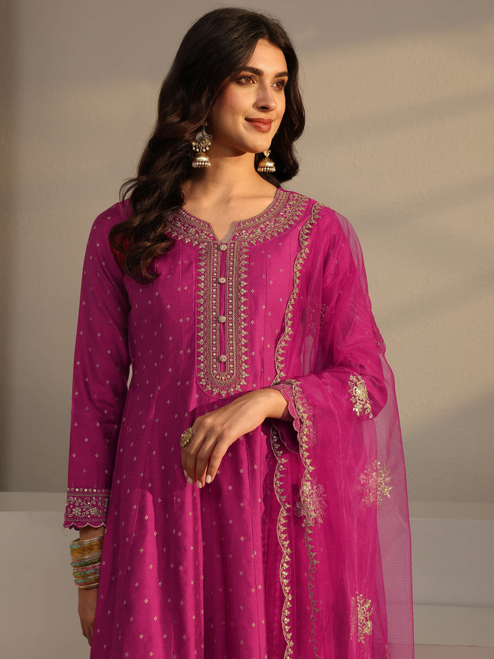 Pink Woven Design Silk Blend A-Line Suit Set With Dupatta