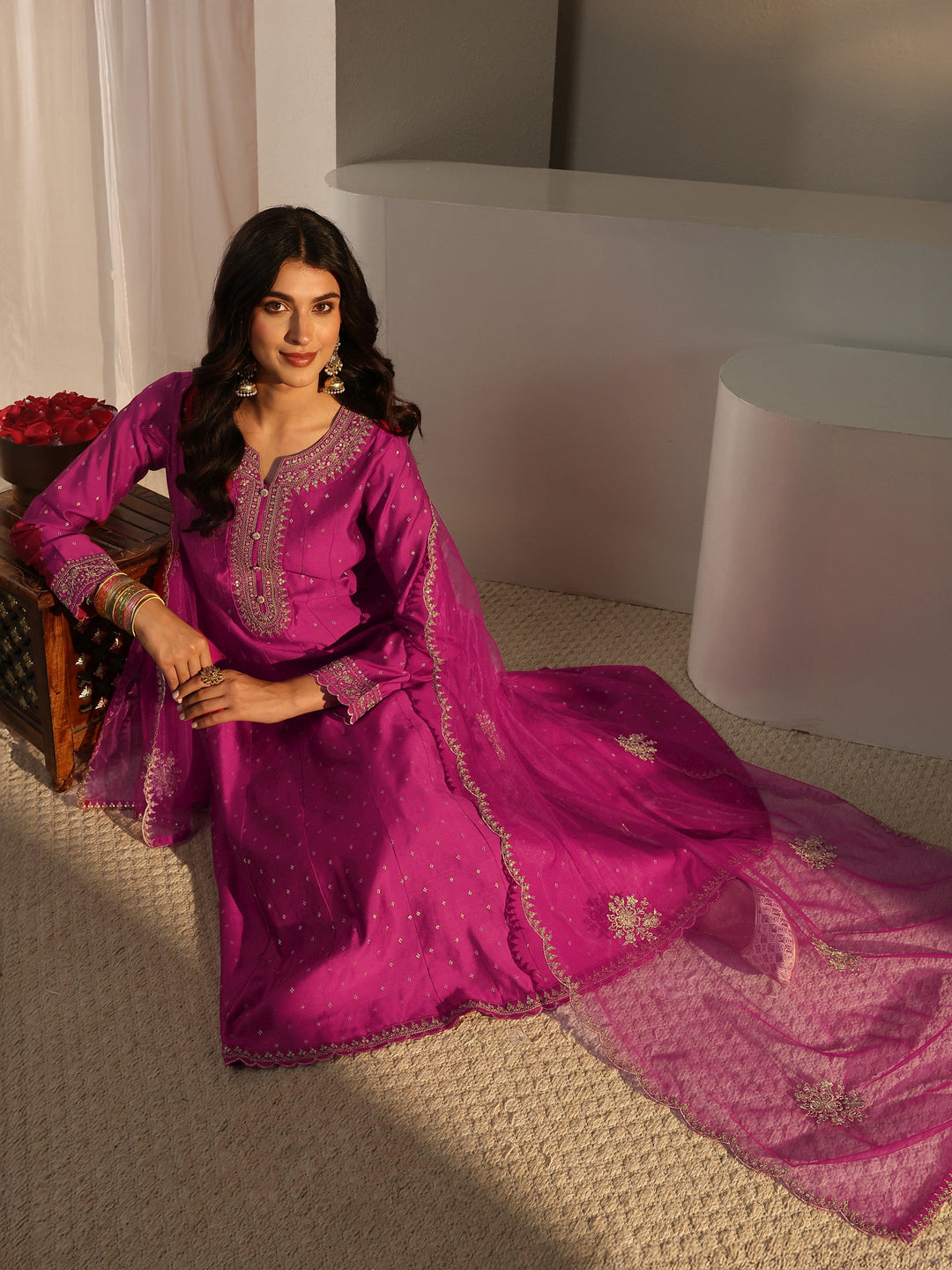 Pink Woven Design Silk Blend A-Line Suit Set With Dupatta