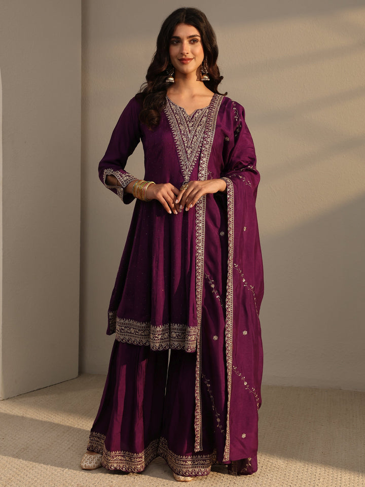 Purple Woven Design Silk Blend Shara Suit Set With Dupatta