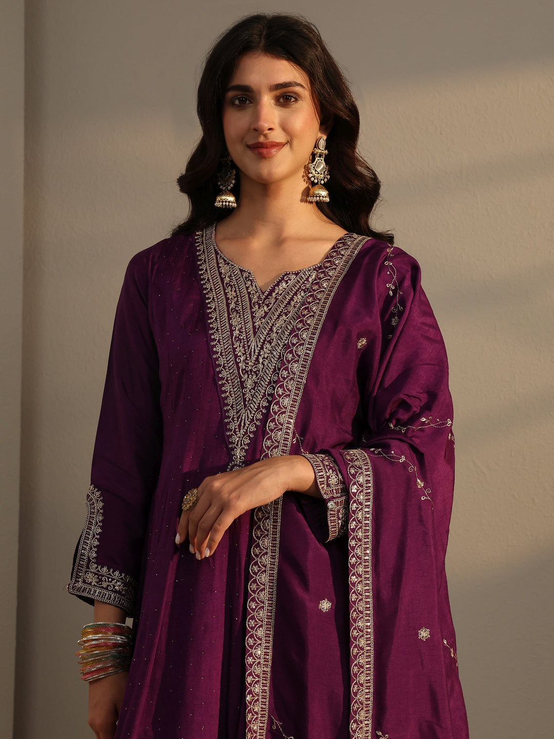 Purple Woven Design Silk Blend Shara Suit Set With Dupatta