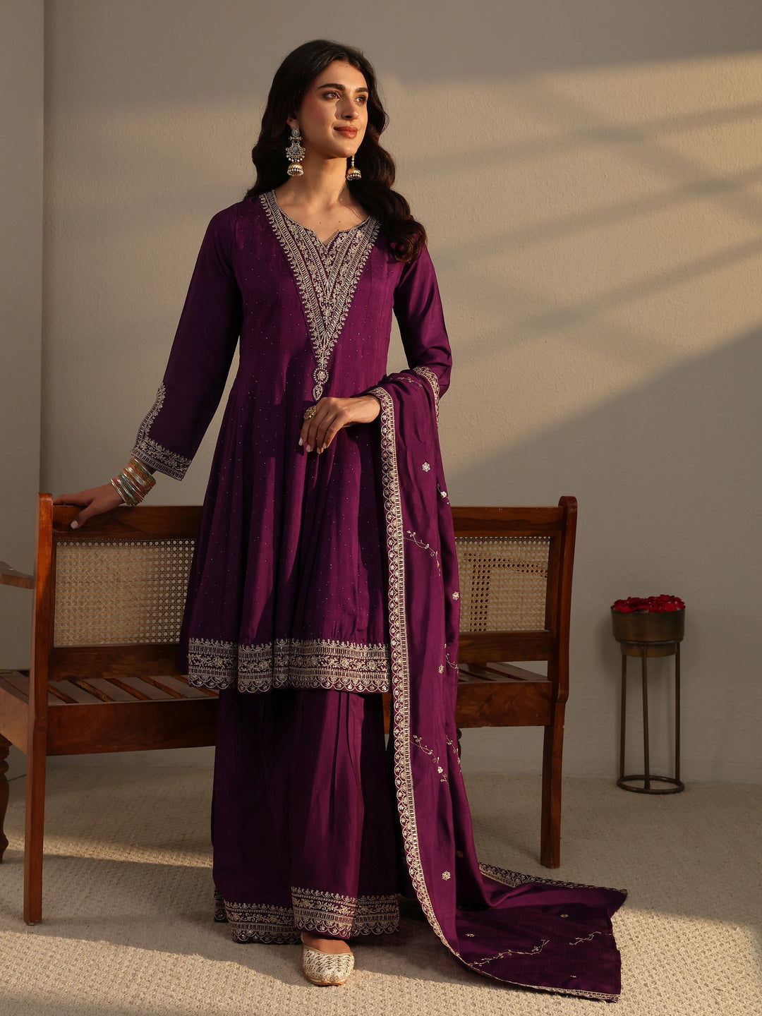 Purple Woven Design Silk Blend Shara Suit Set With Dupatta