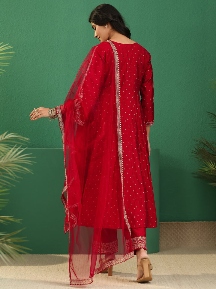 Libas Crimson Red Woven Design Silk Blend Anarakali Suit Set