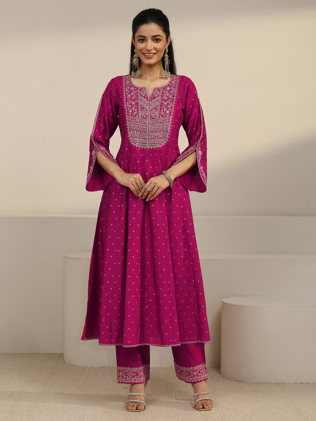 Libas Magenta Pink Floral Embroidered Silk Blend Anarakali Suit Set