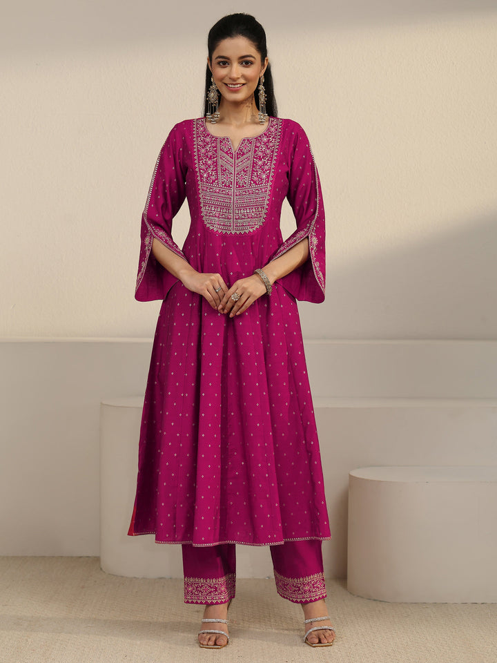 Libas Magenta Pink Floral Embroidered Silk Blend Anarakali Suit Set