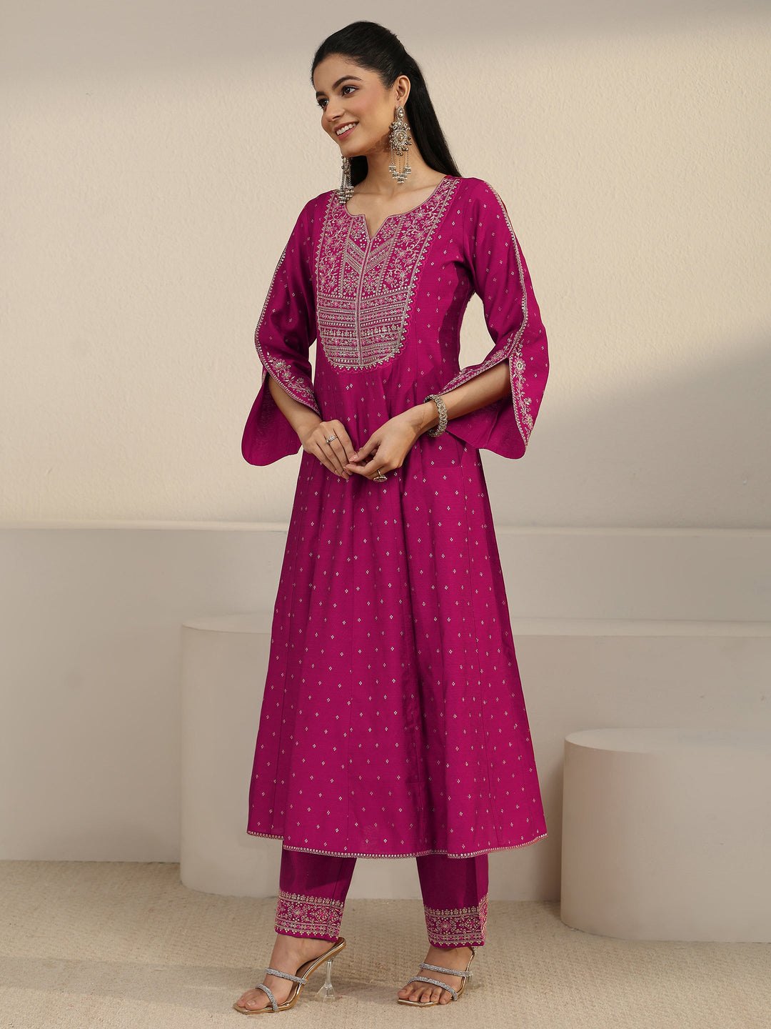Libas Magenta Pink Floral Embroidered Silk Blend Anarakali Suit Set