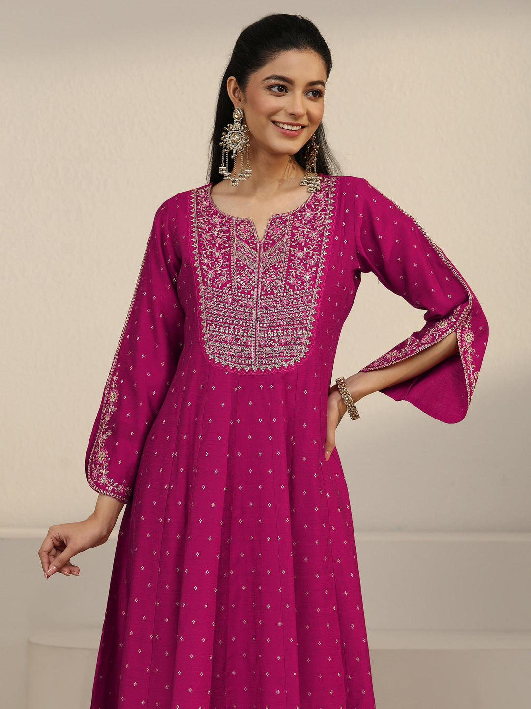 Libas Magenta Pink Floral Embroidered Silk Blend Anarakali Suit Set