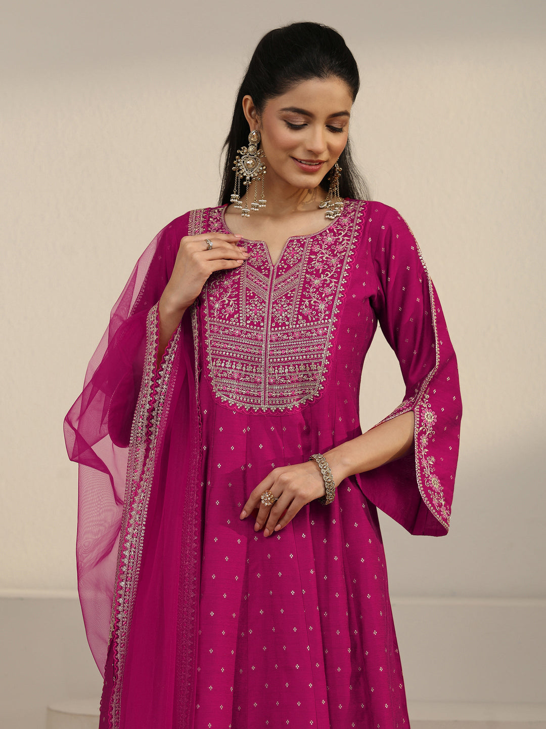 Libas Magenta Pink Floral Embroidered Silk Blend Anarakali Suit Set