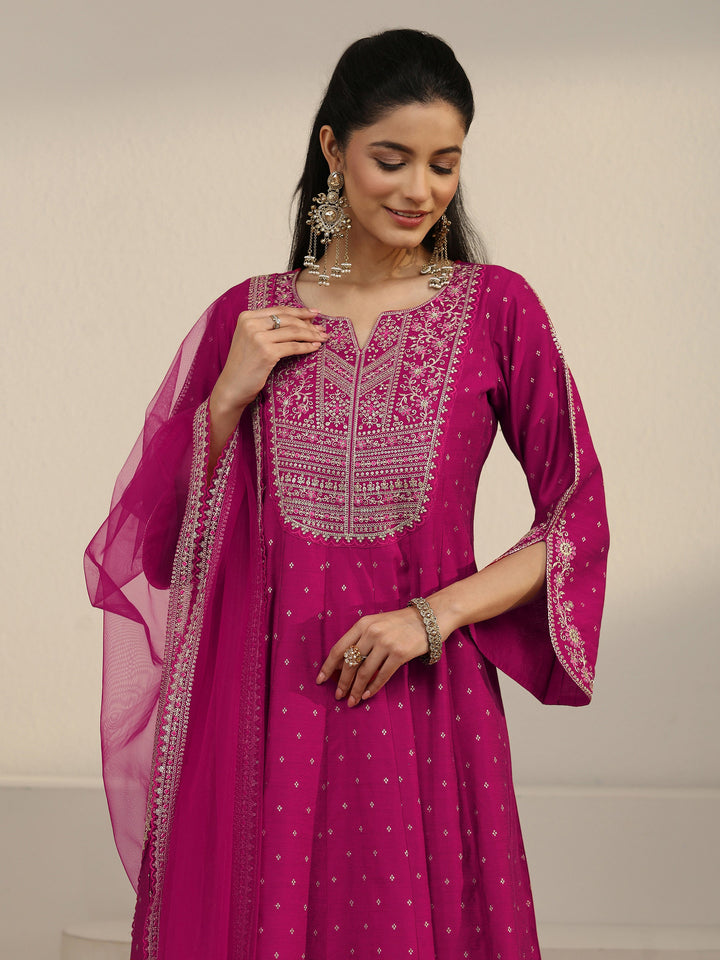 Libas Magenta Pink Floral Embroidered Silk Blend Anarakali Suit Set