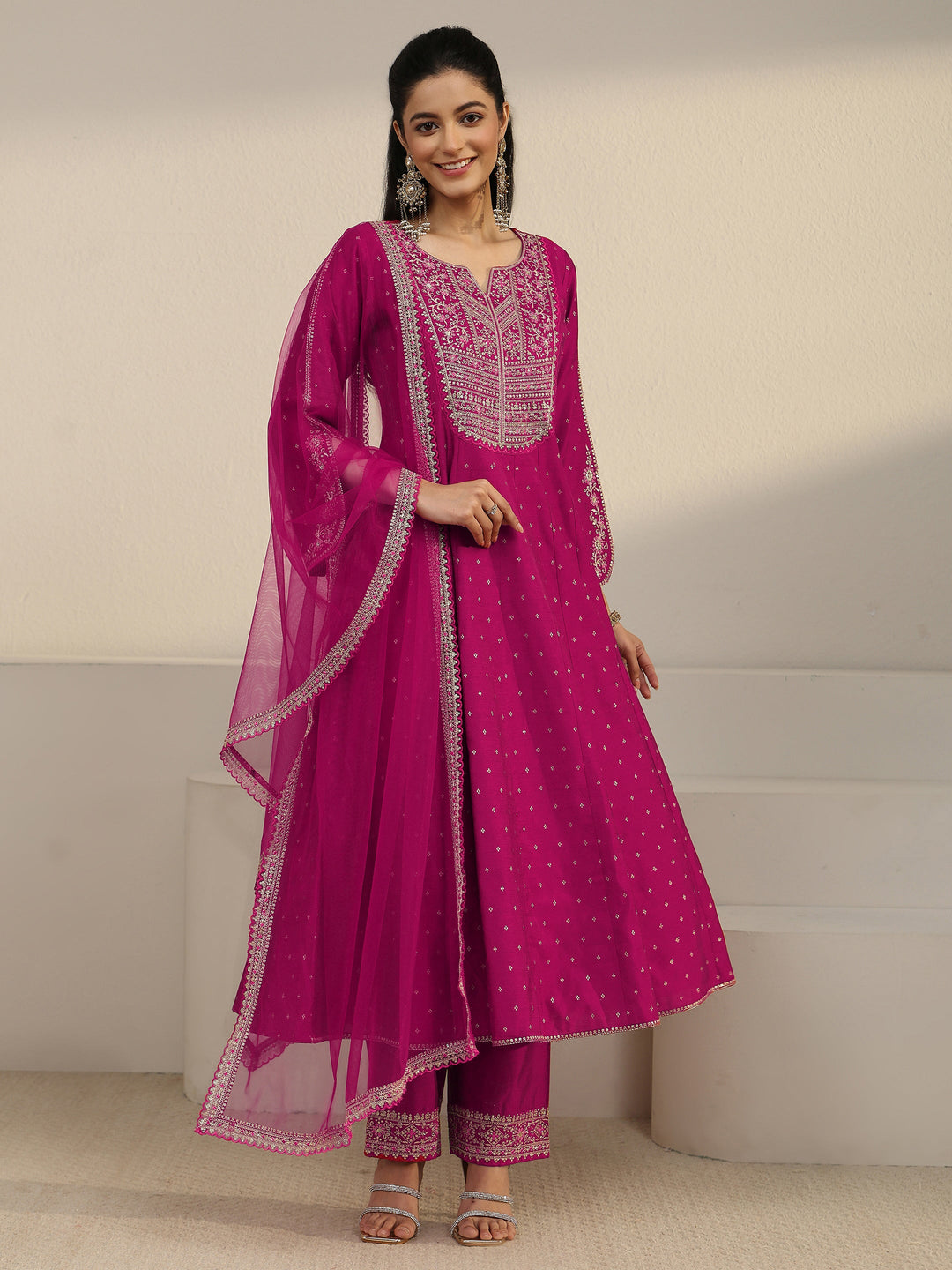 Libas Magenta Pink Floral Embroidered Silk Blend Anarakali Suit Set