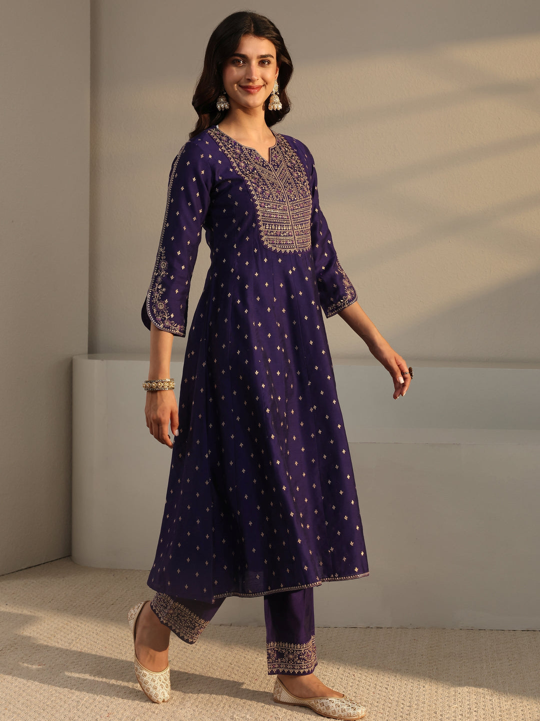 Purple Woven Design Silk Blend A-Line Suit Set With Dupatta