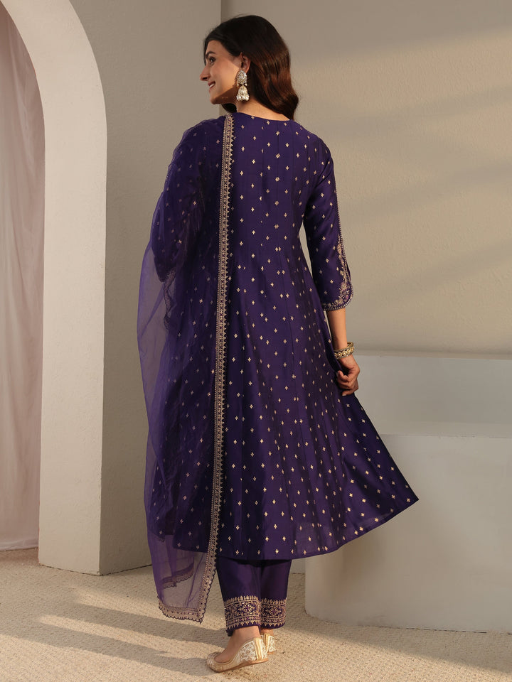 Purple Woven Design Silk Blend A-Line Suit Set With Dupatta