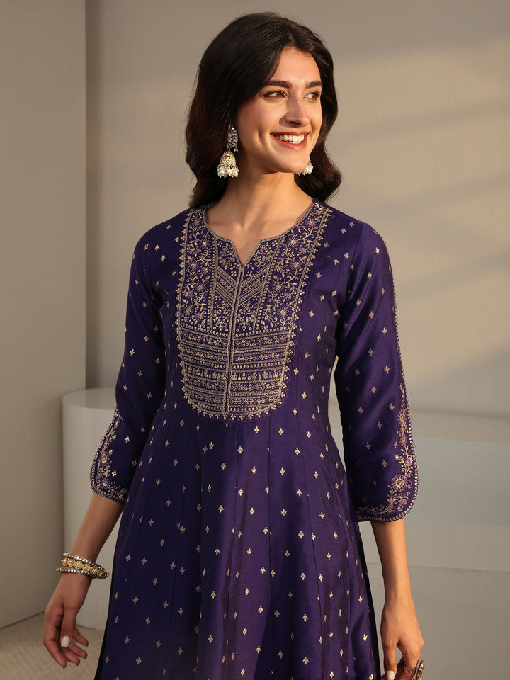 Purple Woven Design Silk Blend A-Line Suit Set With Dupatta