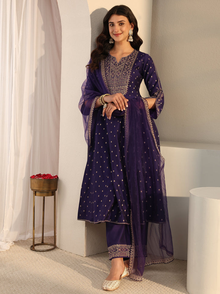 Purple Woven Design Silk Blend A-Line Suit Set With Dupatta